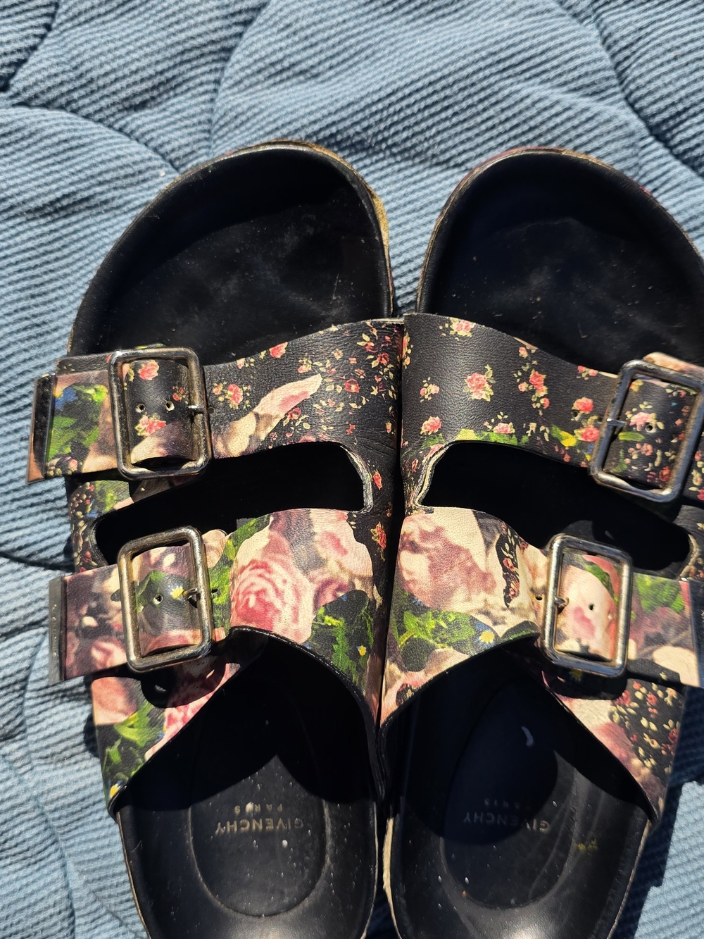 Givenchy Floral Double-Buckle Slide Sandals - Black/Pink/Green